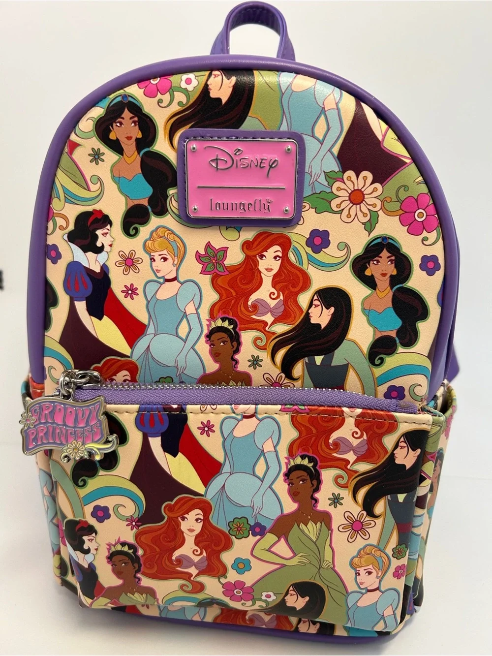 Loungefly Disney Princess Groovy Floral Mini Backpack Purple Ariel Tiana⁠ Jasmin